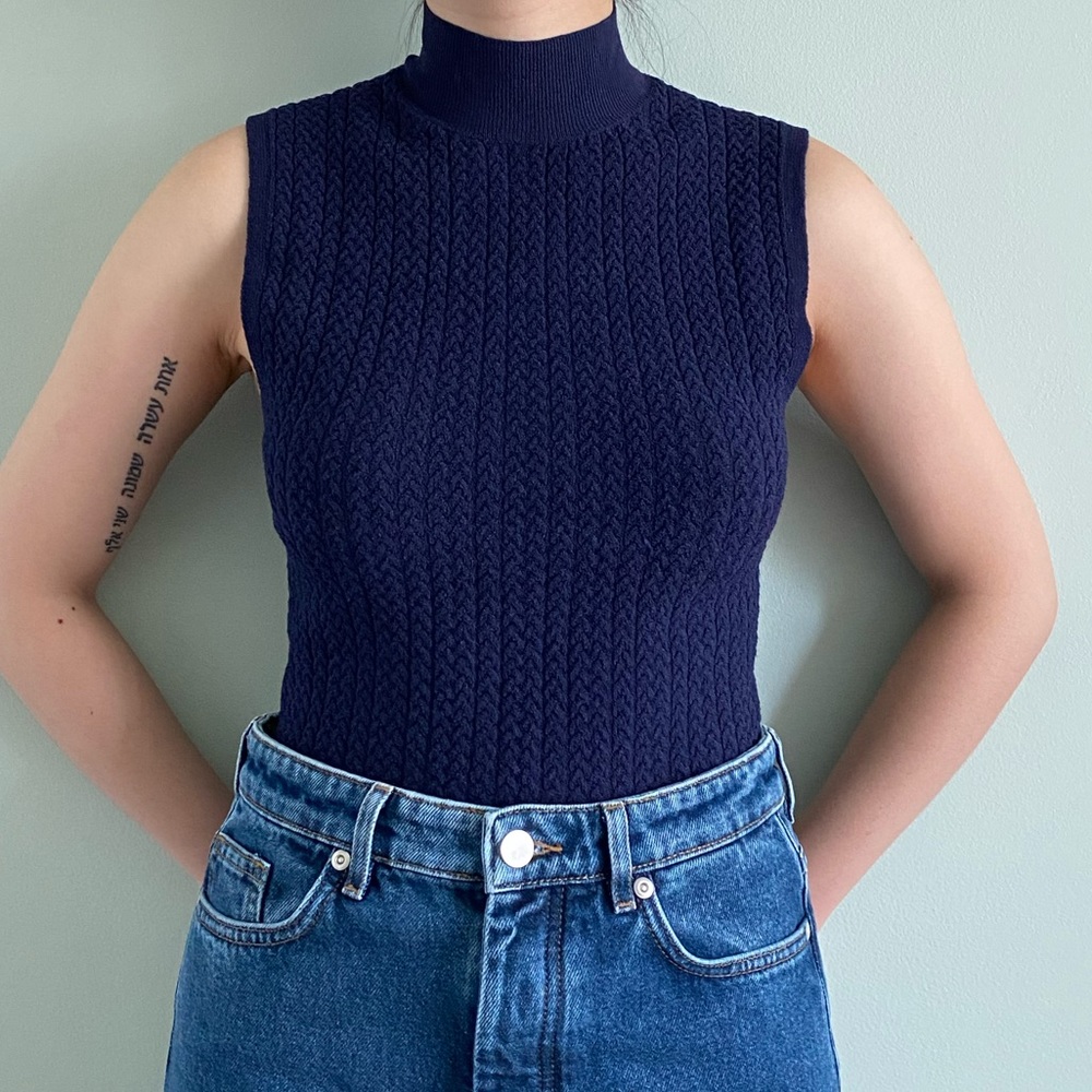 Theory High Neck Knit tank top, Navy Blue, Size P